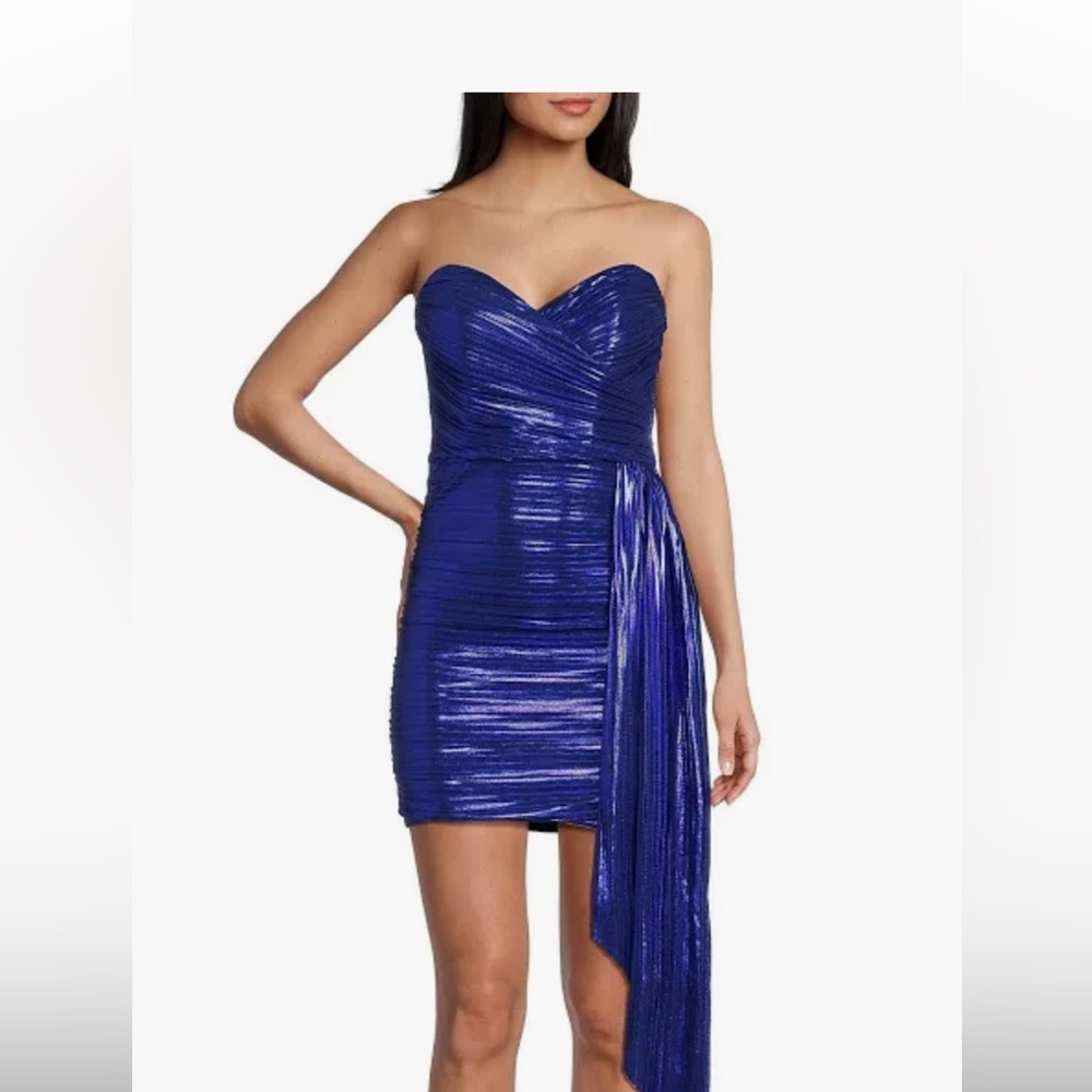 City Vibe Strapless Pleated Foil Tail Party Dress Blue Size 1